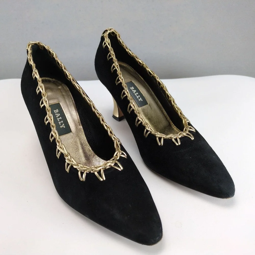 Vintage Bally Chiffon Black Suede Pumps Womens 8 Gold Trim 3